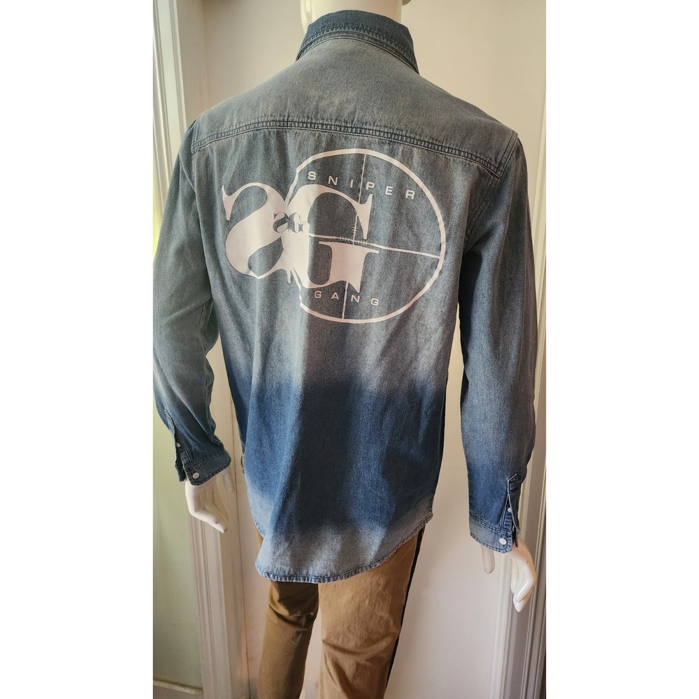 Sniper Gang Denim Men's Shirt SzM A8 Long Sleeve Embroidered Patch Logo Buttons